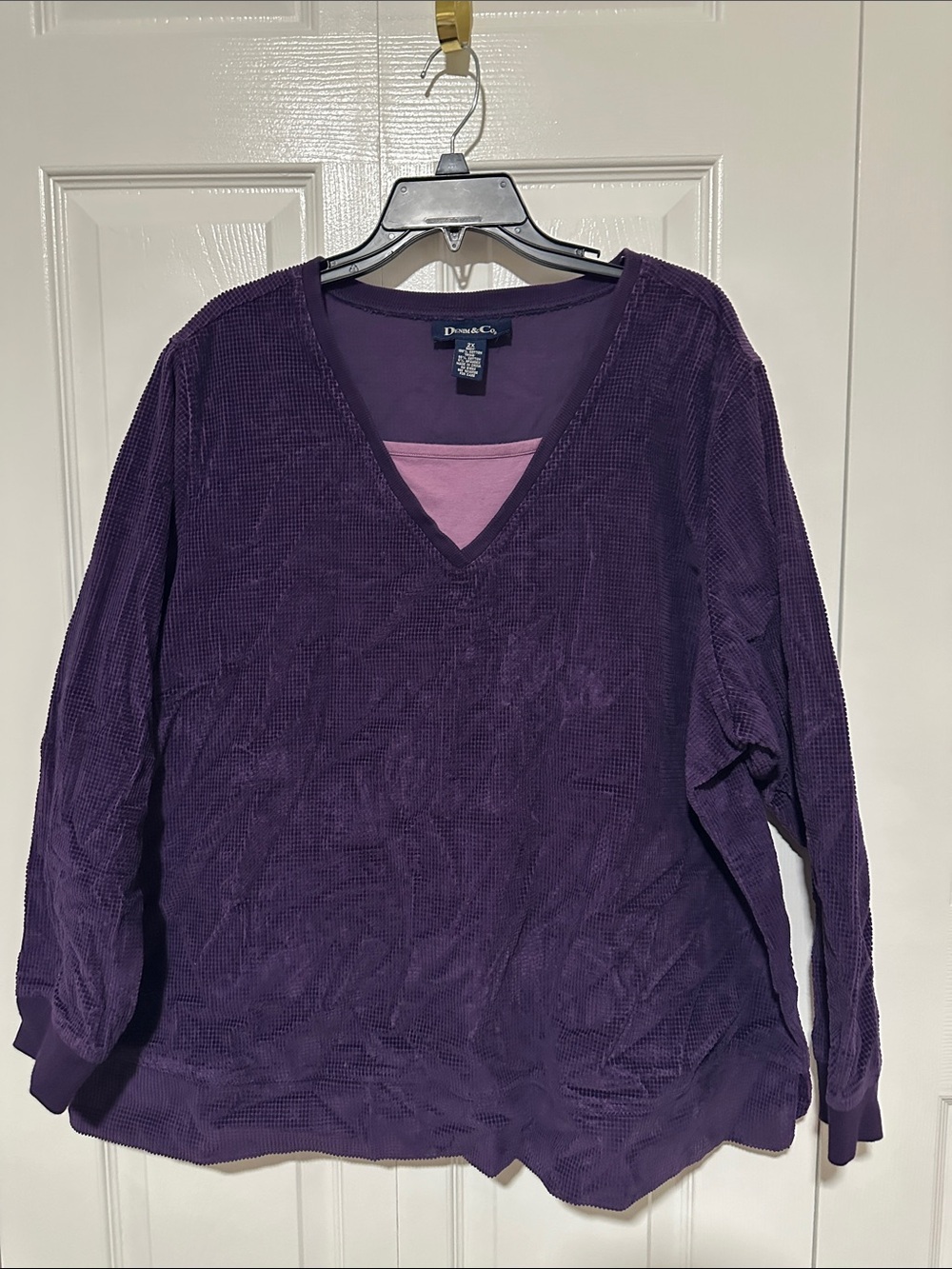Denim&Co Purple Layered-Look V-Neck Sweatshirt
